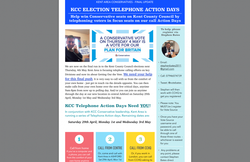 Stephen Bates leading Kent Area telephone campaign for KCC elections 4th May 2017