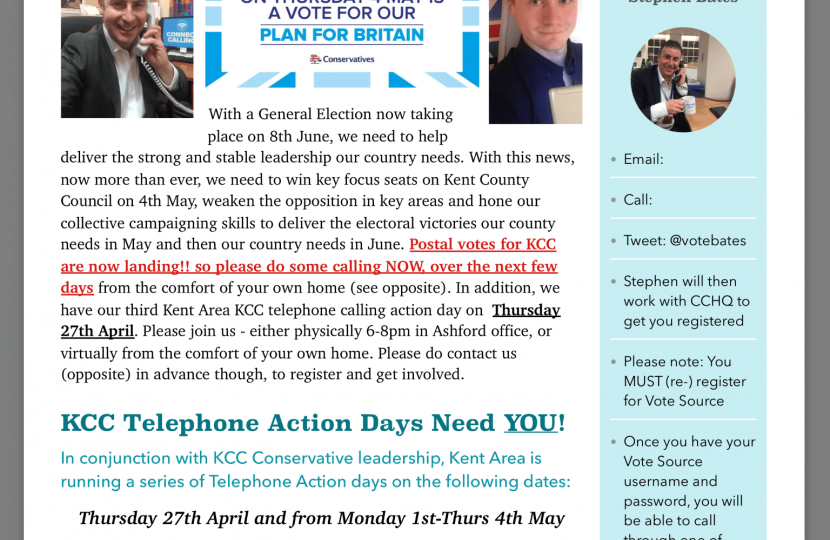 Stephen Bates led the Kent Area telephone campaign for Kent County Council Elections 4th May 2017